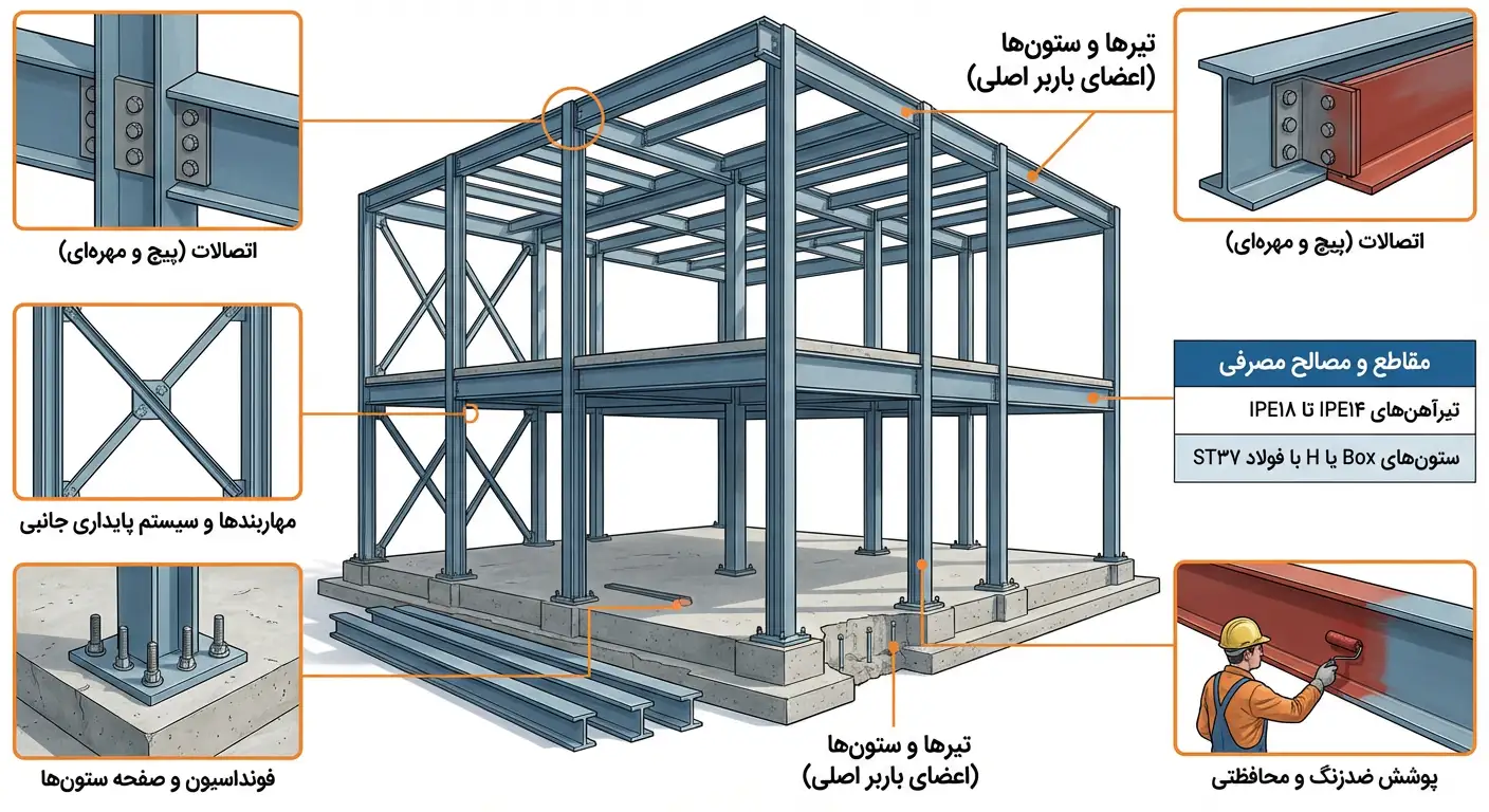 اجزای اصلی اسکلت فلزی ساختمان دو طبقه